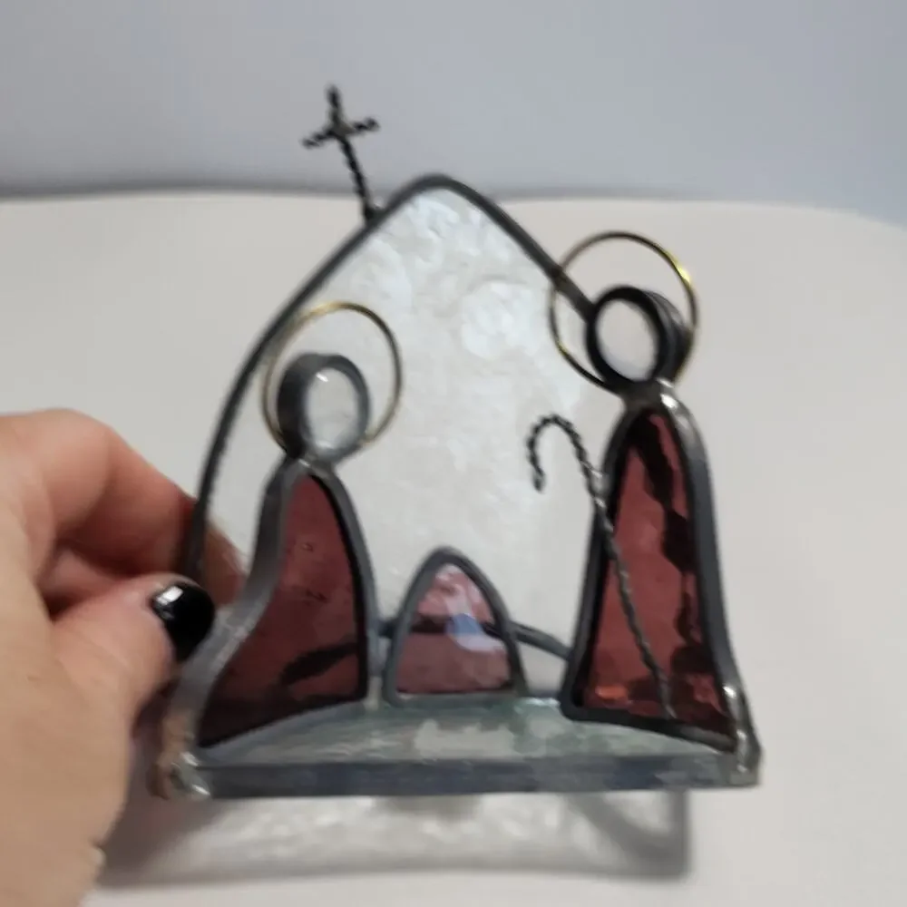 Nativity Scene Stained Glass Shelf Decor Handmade Style Cross Purple Mauve